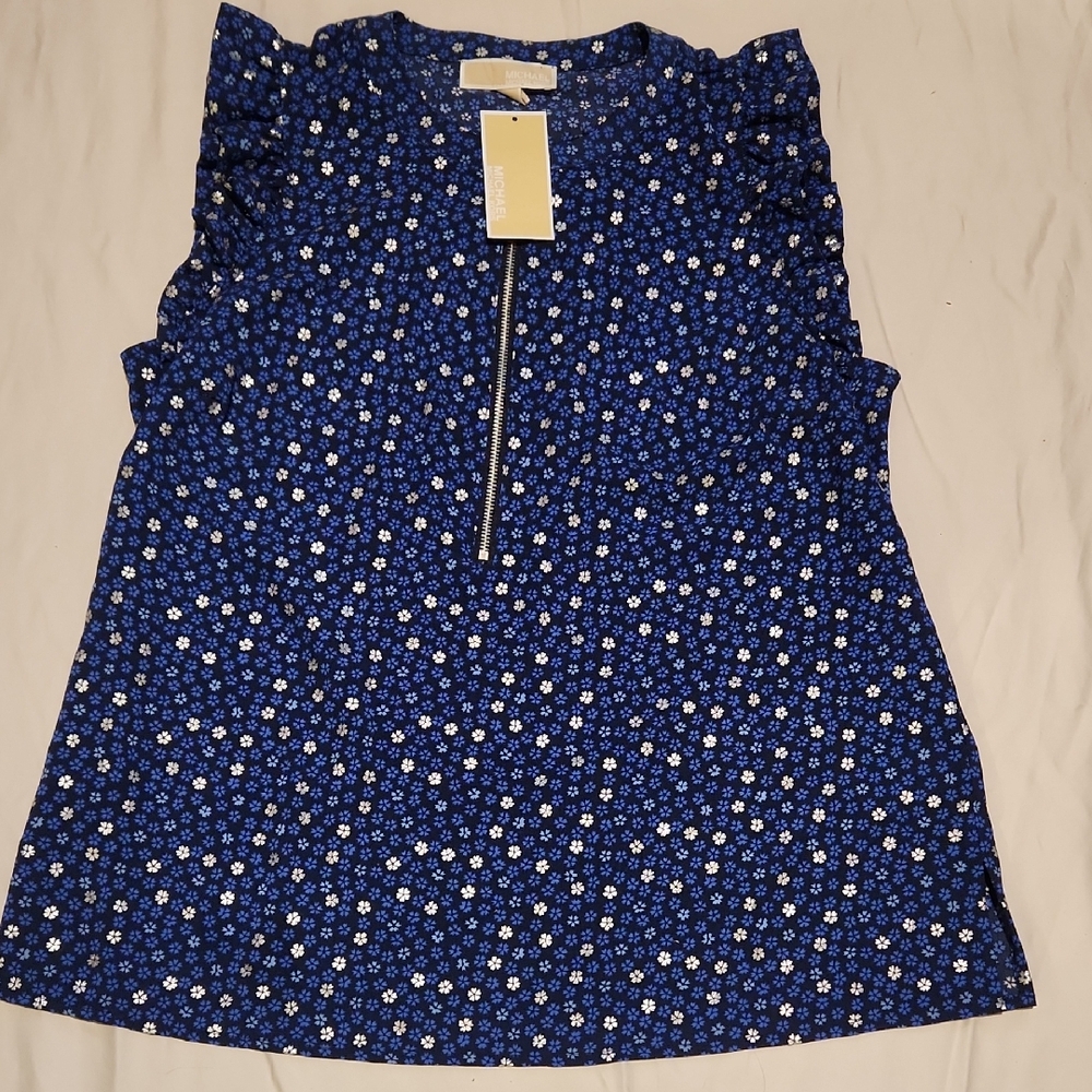NWT Michael Kors Blue Floral Sleeveless Top Sz L